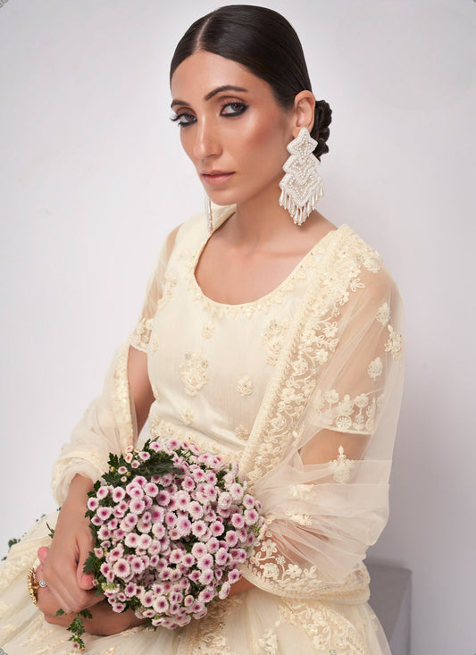 Ivory White Embroidered Net Lehenga