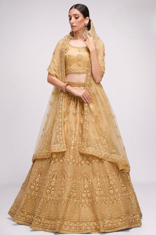 Golden Brown Embroidered Net Lehenga