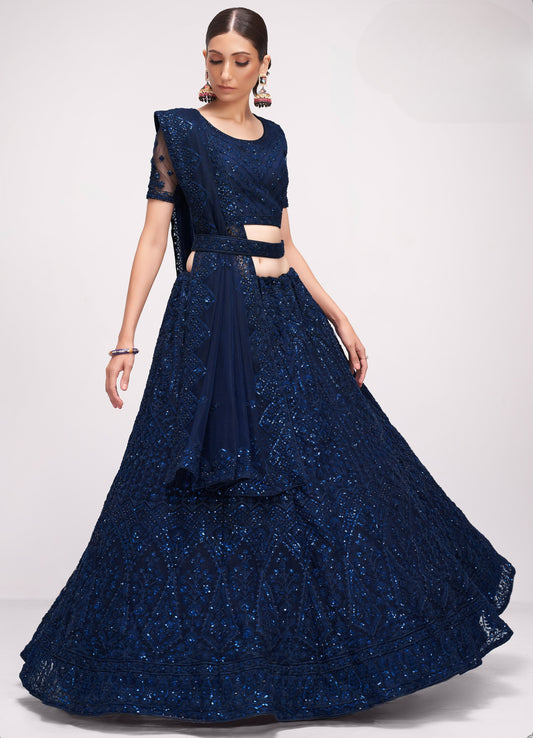 Indigo Blue Embroidered Net Lehenga