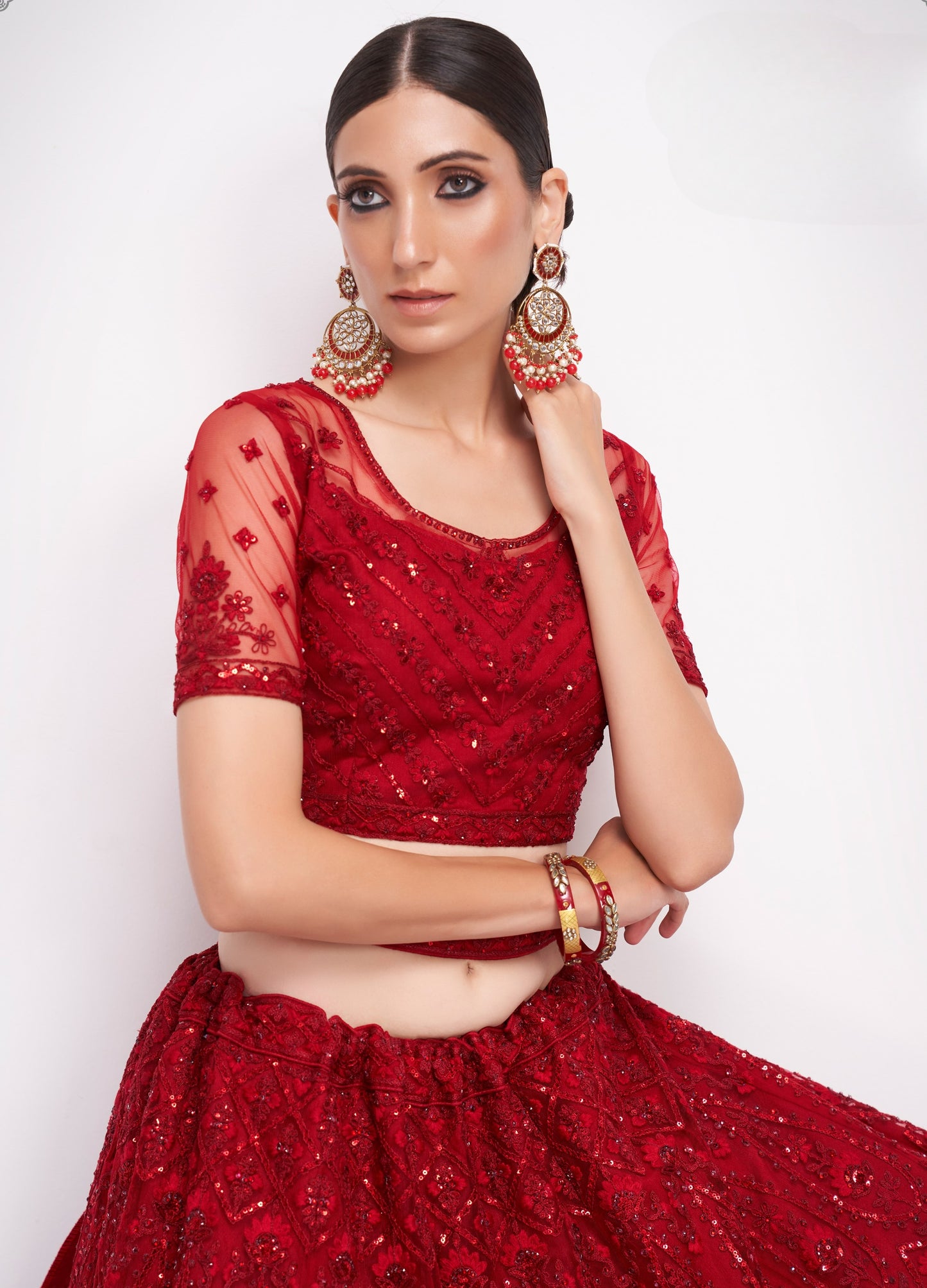 Deep Red Embroidered Net Lehenga