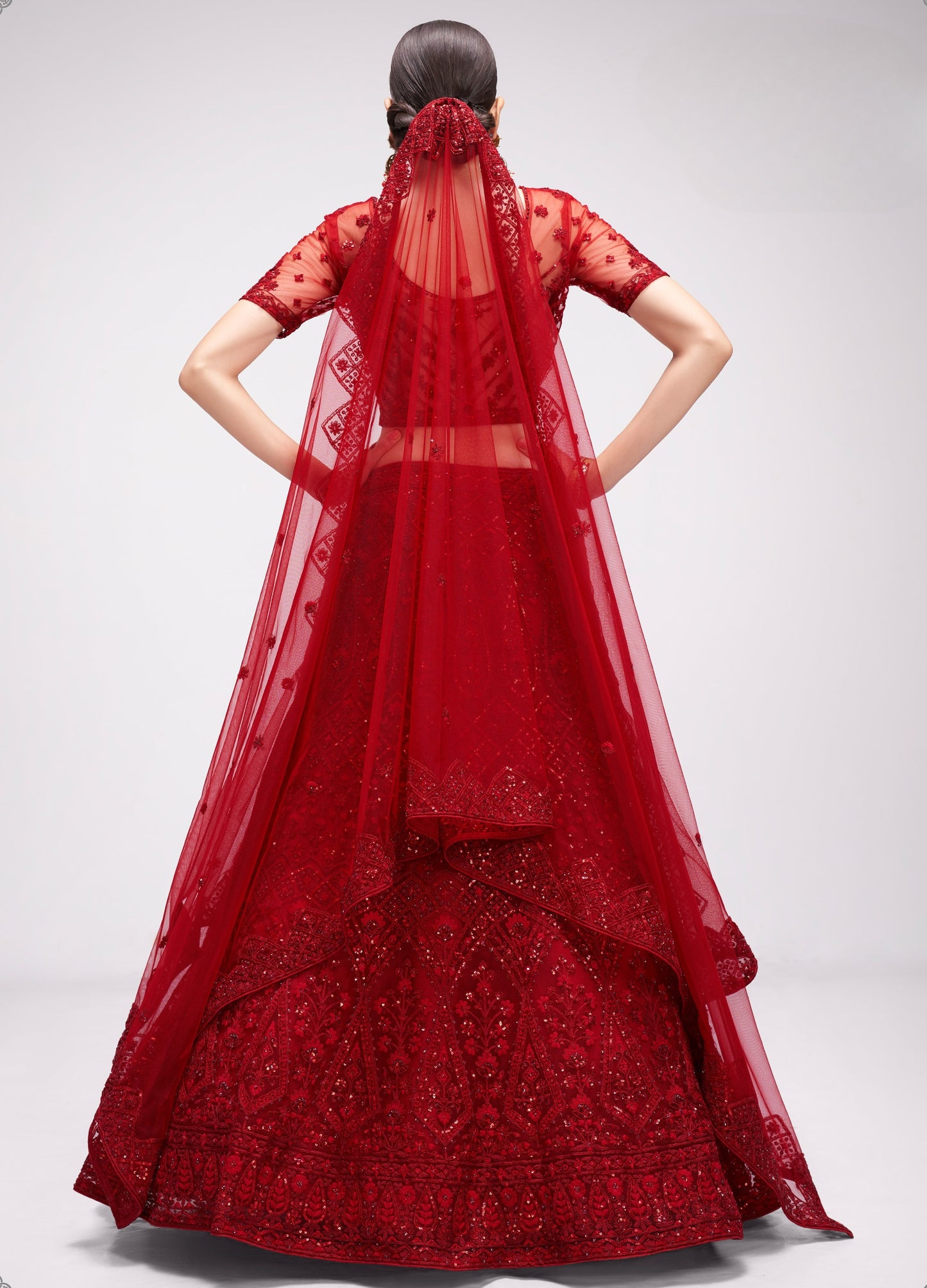 Deep Red Embroidered Net Lehenga