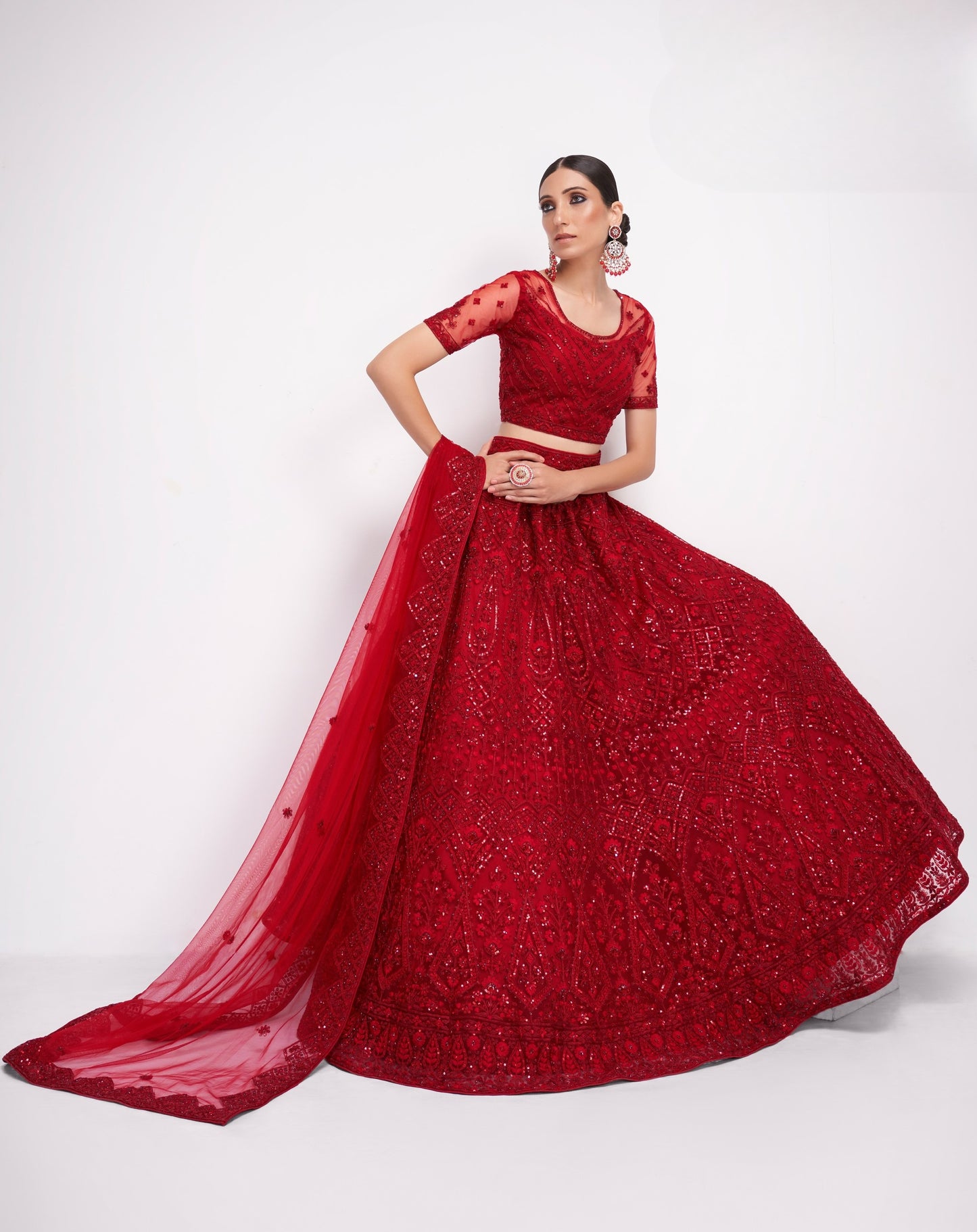 Deep Red Embroidered Net Lehenga