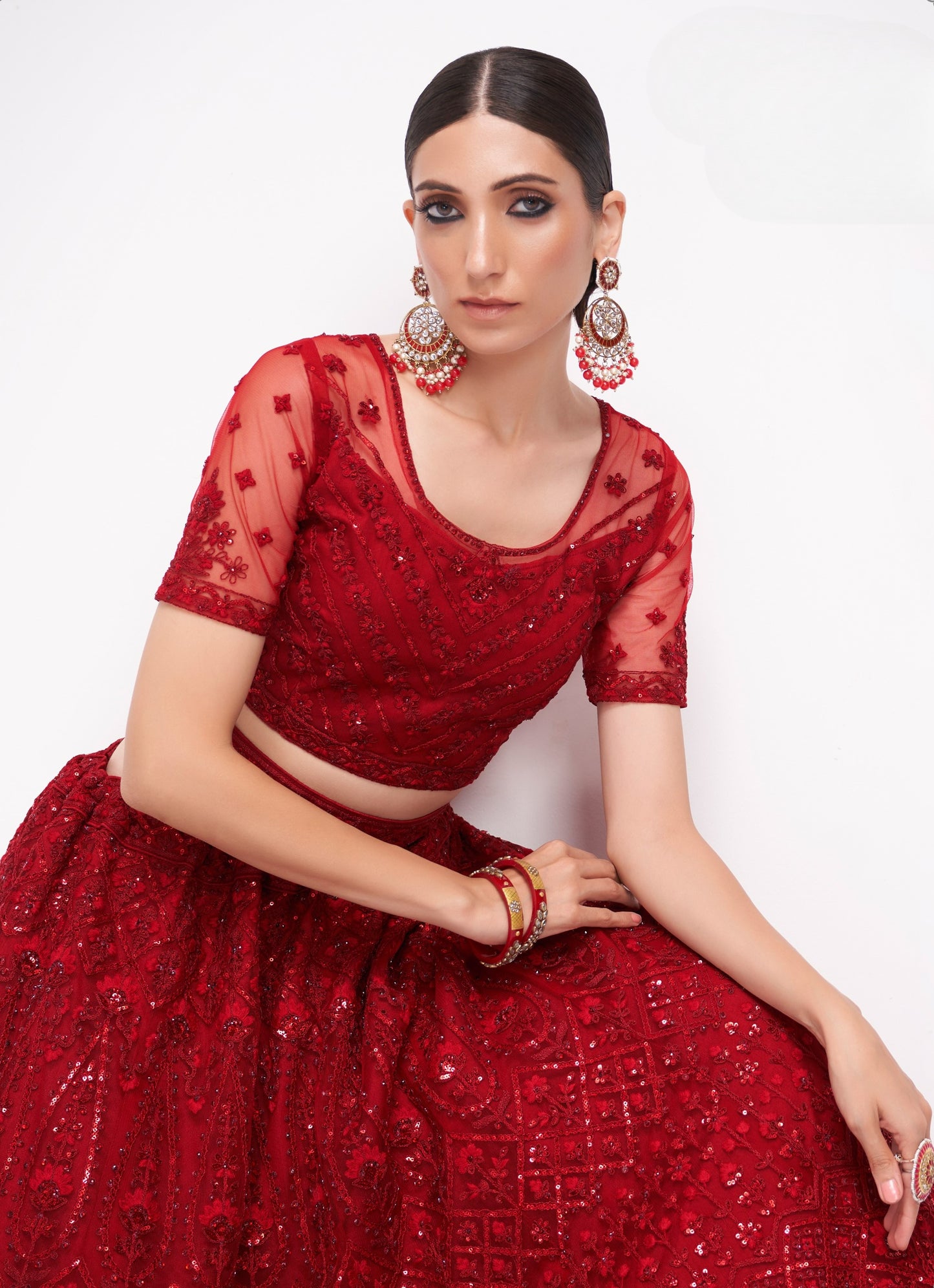 Deep Red Embroidered Net Lehenga