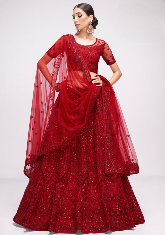 Deep Red Embroidered Net Lehenga