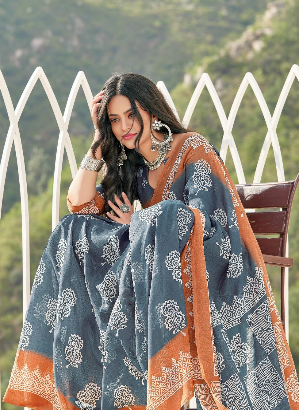 Bluish Grey & Orange Printed Handloom Cotton Saree