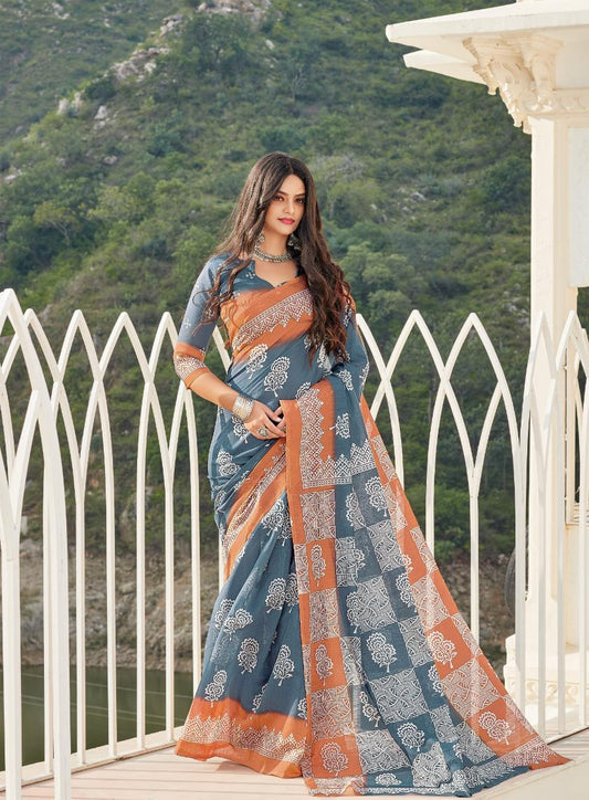 Bluish Grey & Orange Printed Handloom Cotton Saree