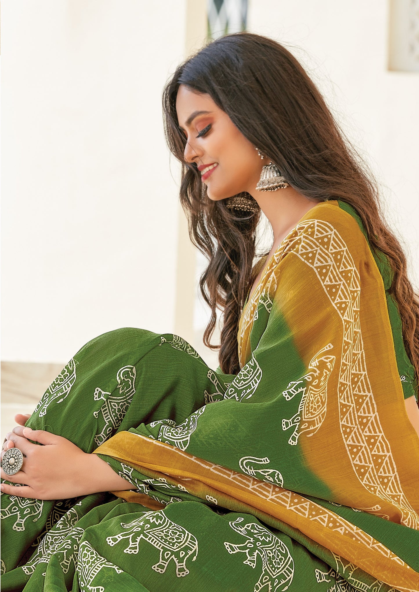 Green & Brown Printed Handloom Cotton Saree