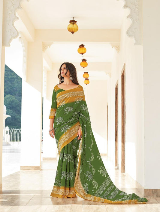 Green & Brown Printed Handloom Cotton Saree