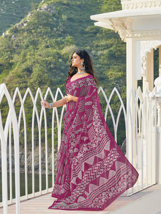 Magenta Printed Handloom Cotton Saree