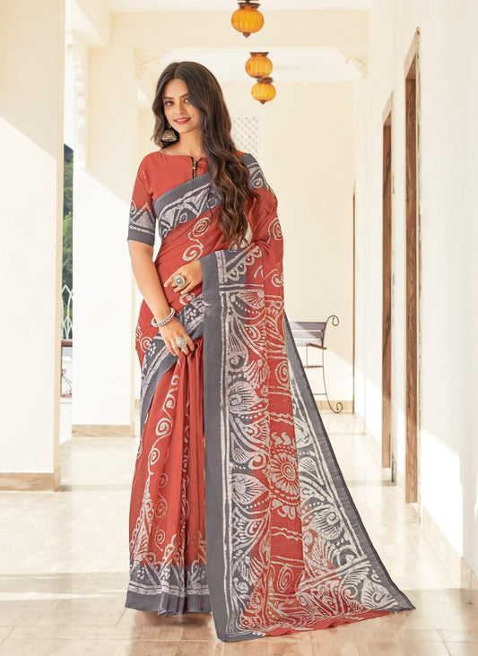 Brown & Grey Printed Handloom Cotton Saree