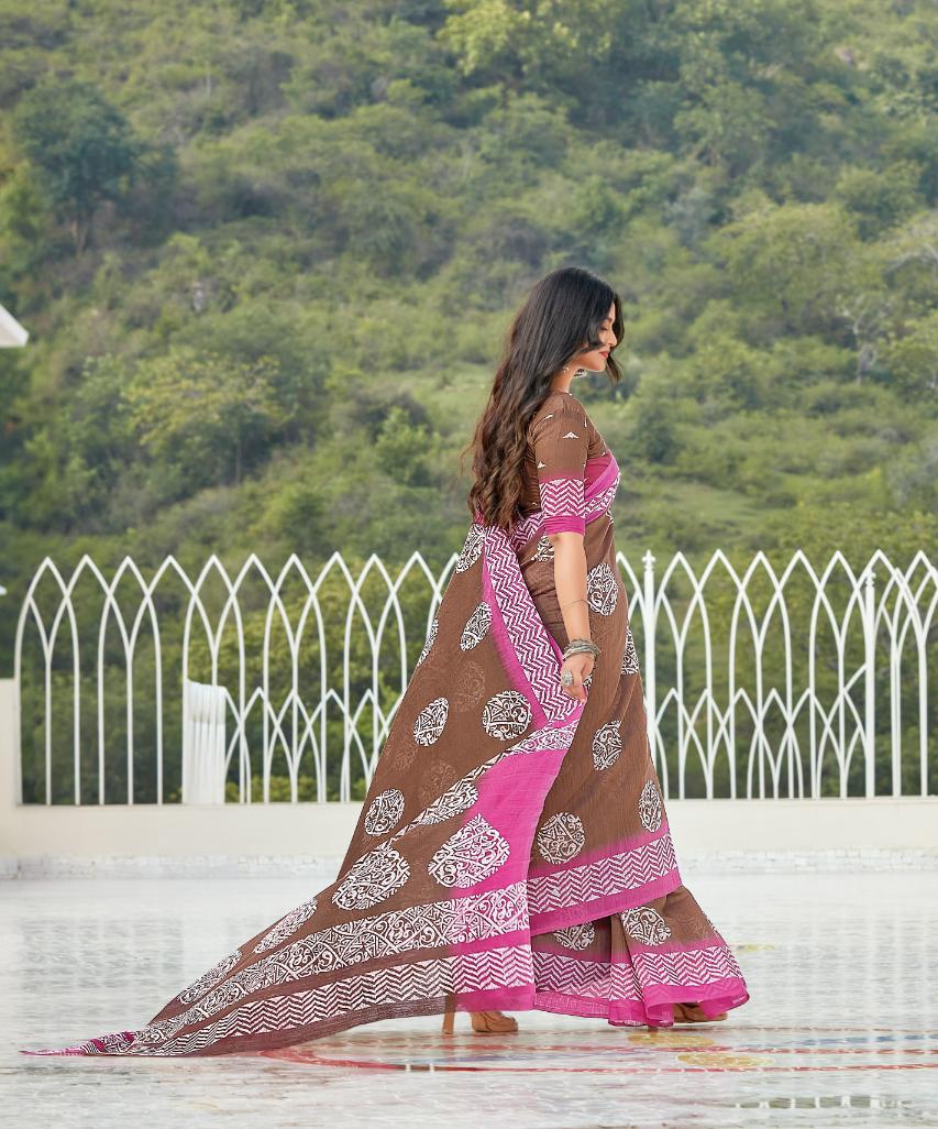 Brown & Pink Printed Handloom Cotton Saree