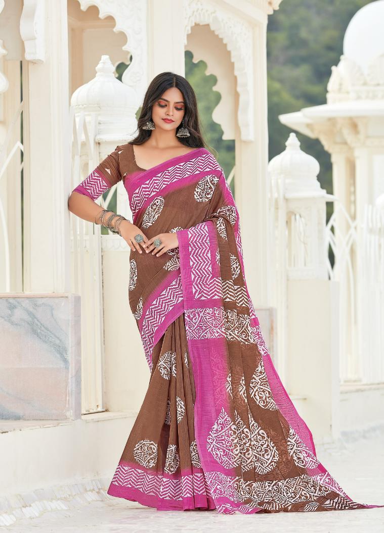 Brown & Pink Printed Handloom Cotton Saree