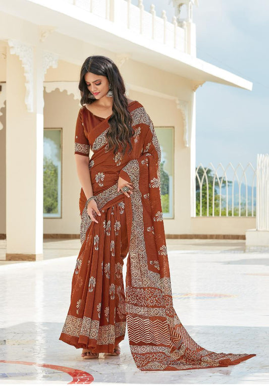 Brick Brown Printed Handloom Cotton Saree