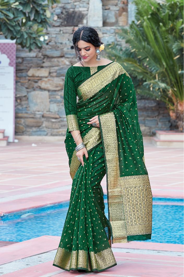 Deep Green Brocade Woven Organza Saree