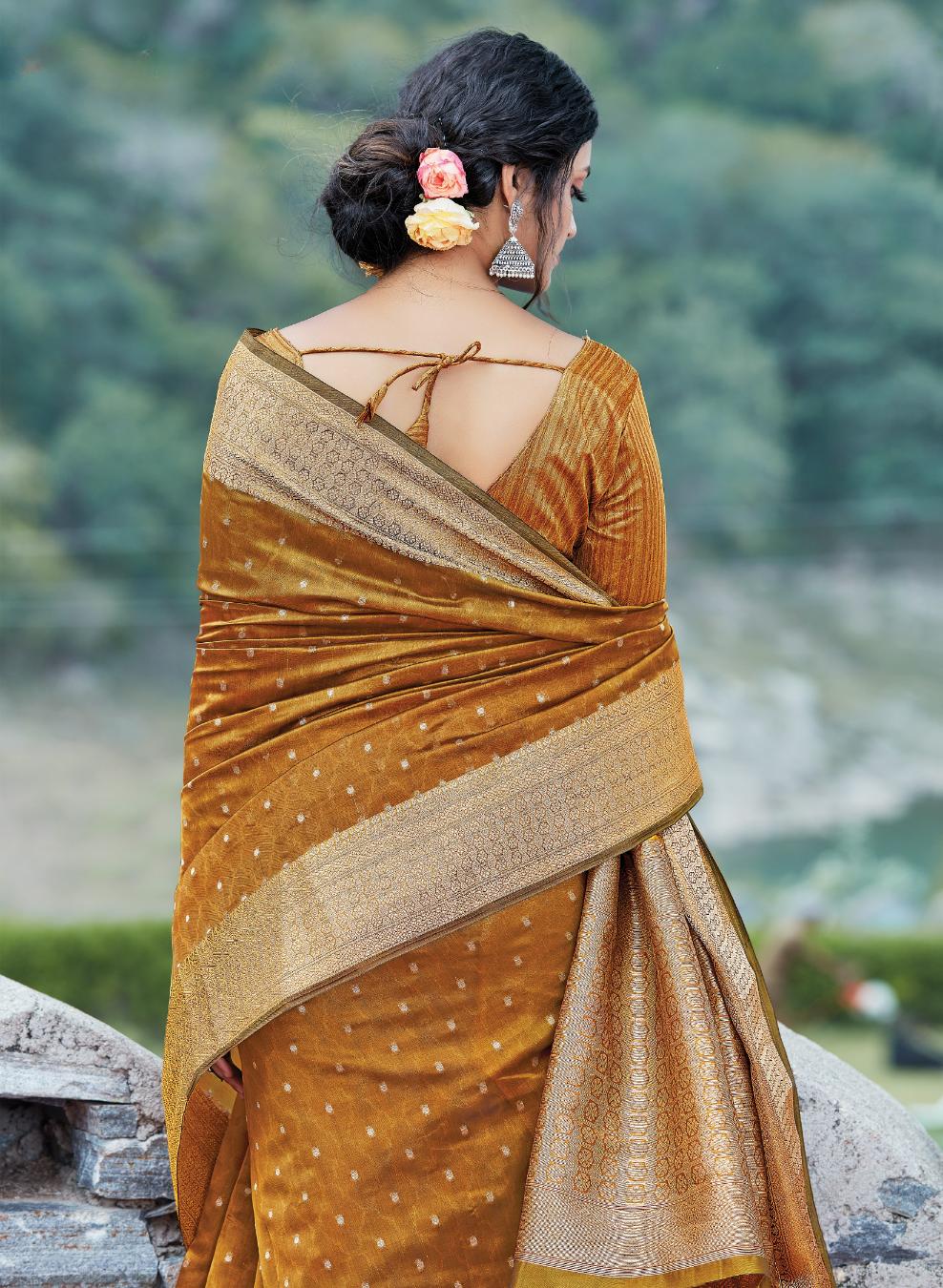 Tawny Brown Brocade Woven Organza Saree