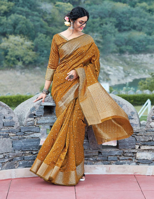 Tawny Brown Brocade Woven Organza Saree