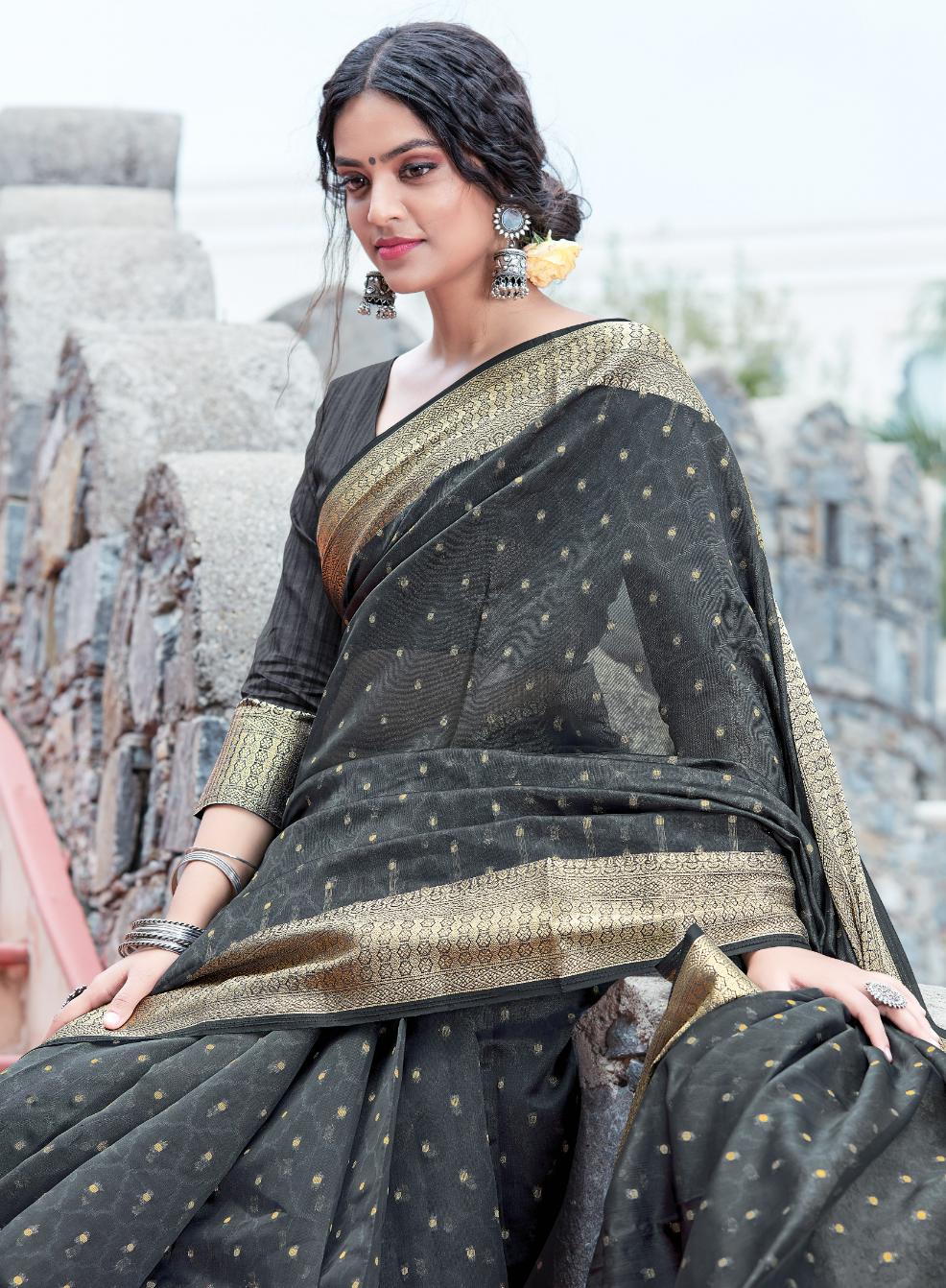 Soot Grey Brocade Woven Organza Saree