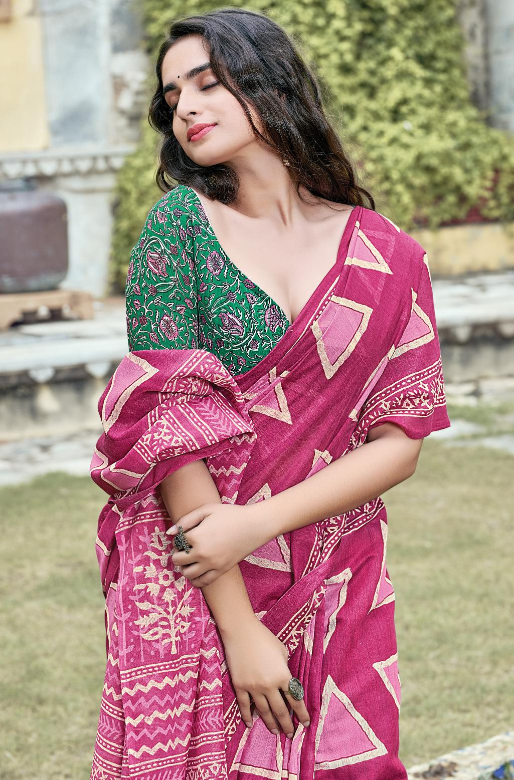 Marmalade Pink Printed Handloom Cotton Saree