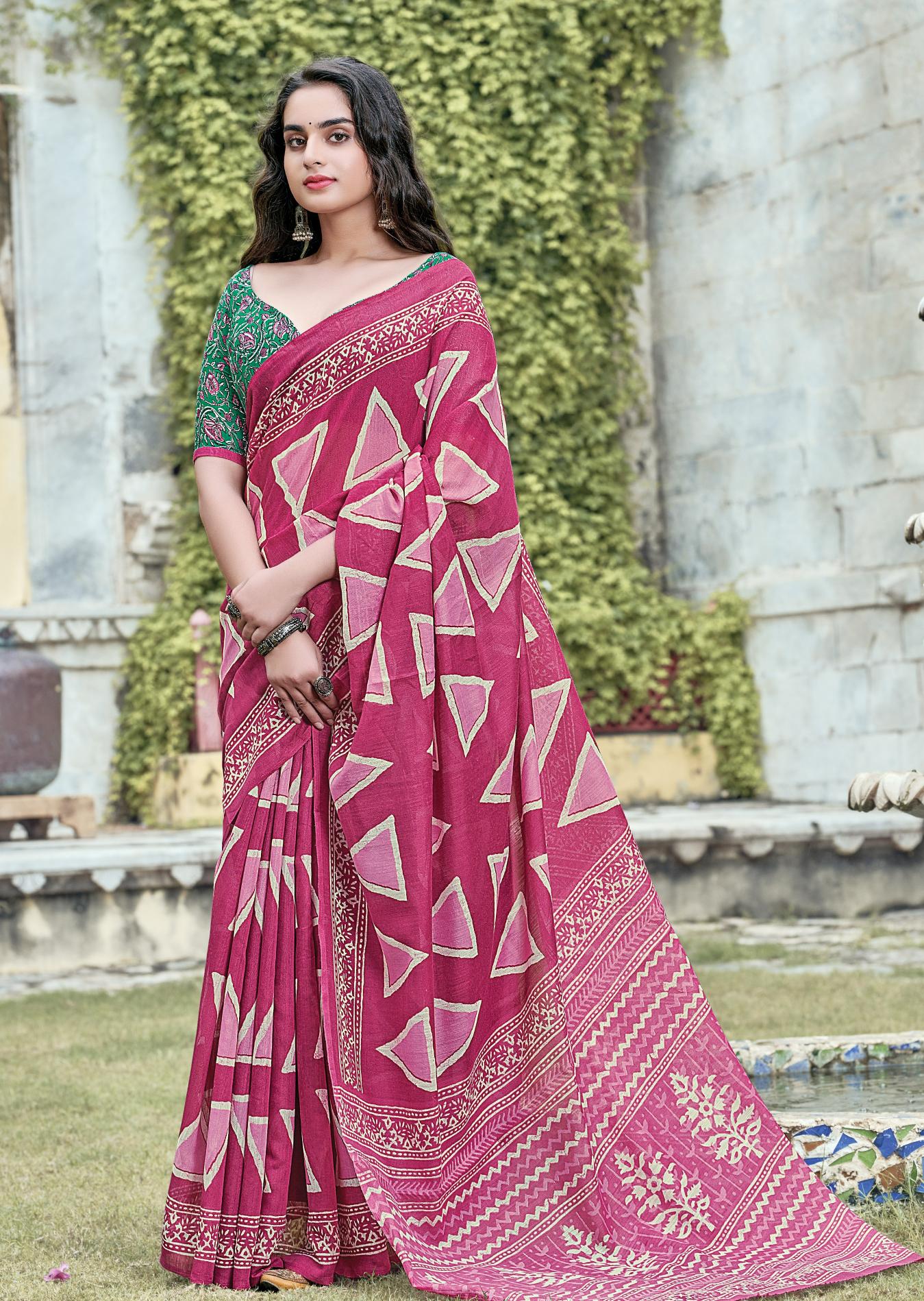 Marmalade Pink Printed Handloom Cotton Saree