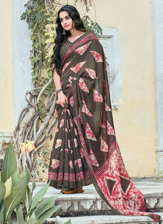 Marshy Brown Printed Handloom Cotton Saree