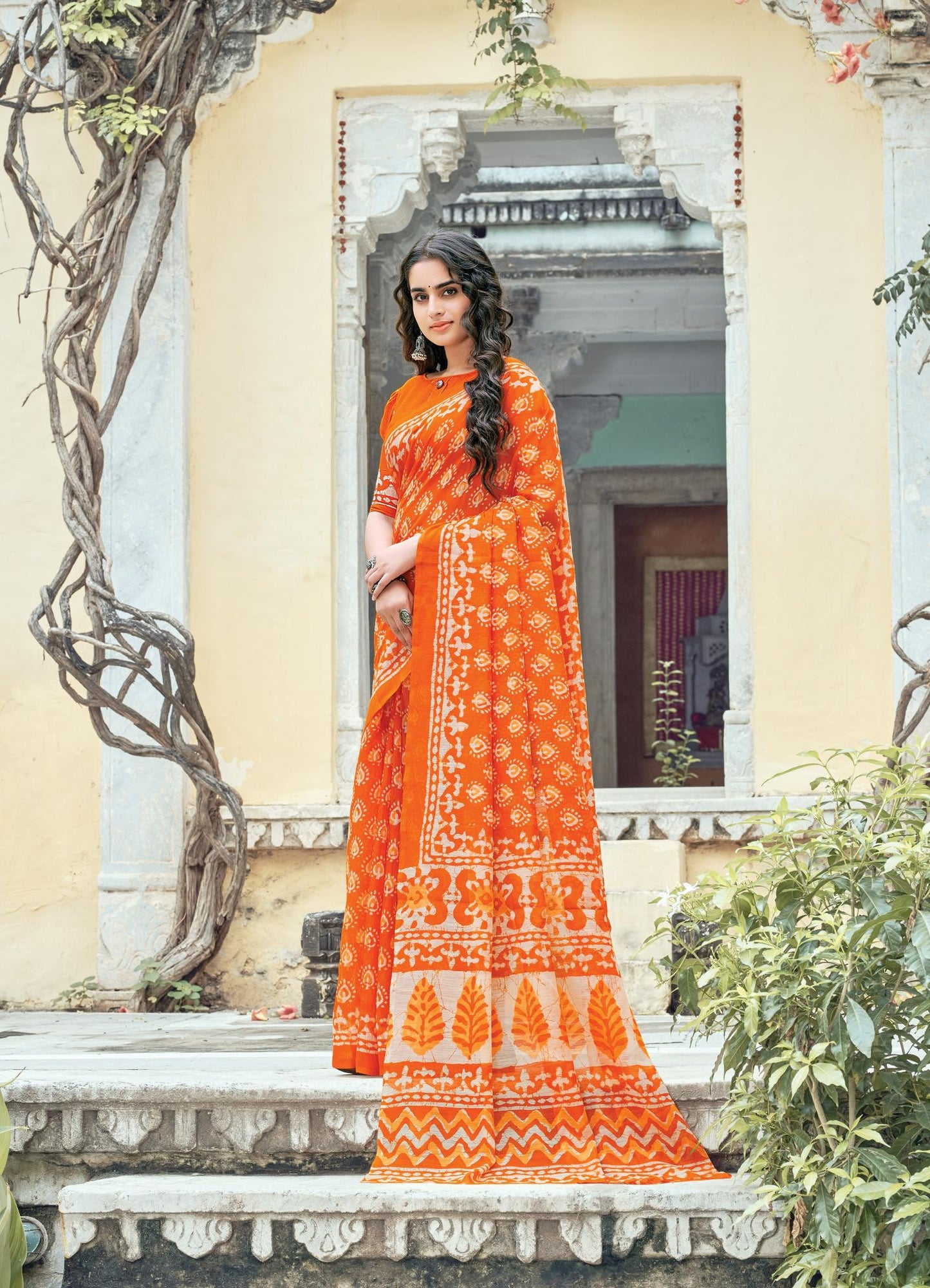 Bright Orange Printed Handloom Cotton Saree