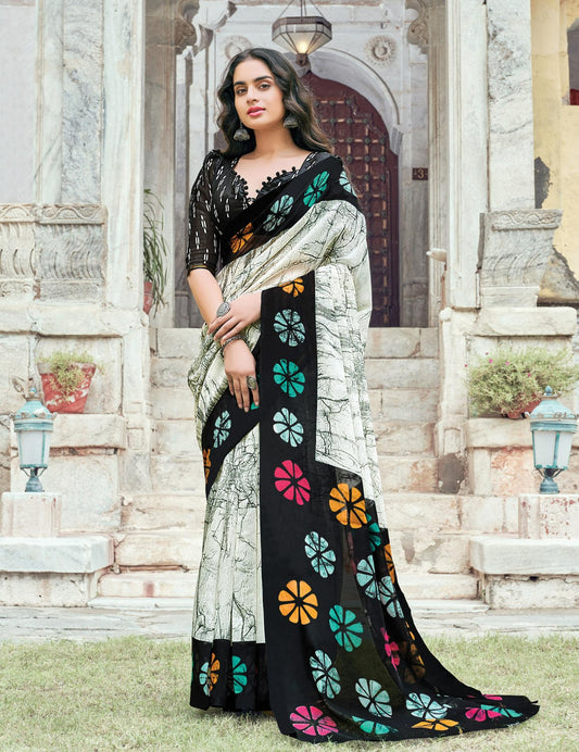 Off White Printed Handloom Cotton Saree