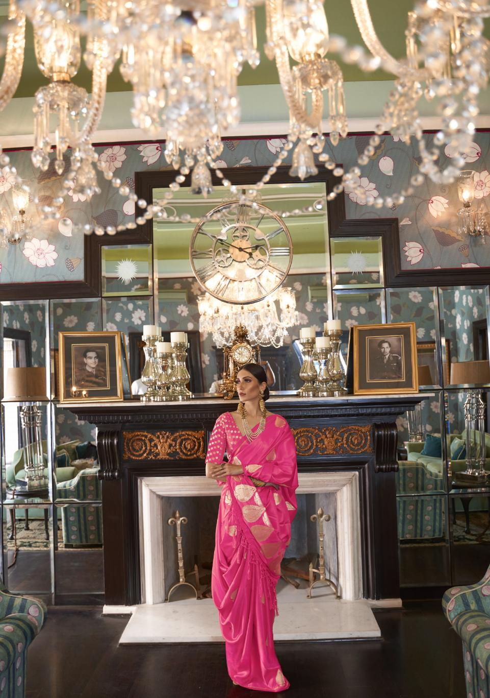 Bright Pink Zari Spades Satin Silk Saree