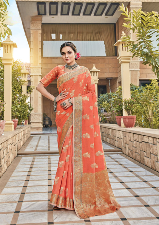 Sindhuri Orange Zari Woven Linen Silk Saree