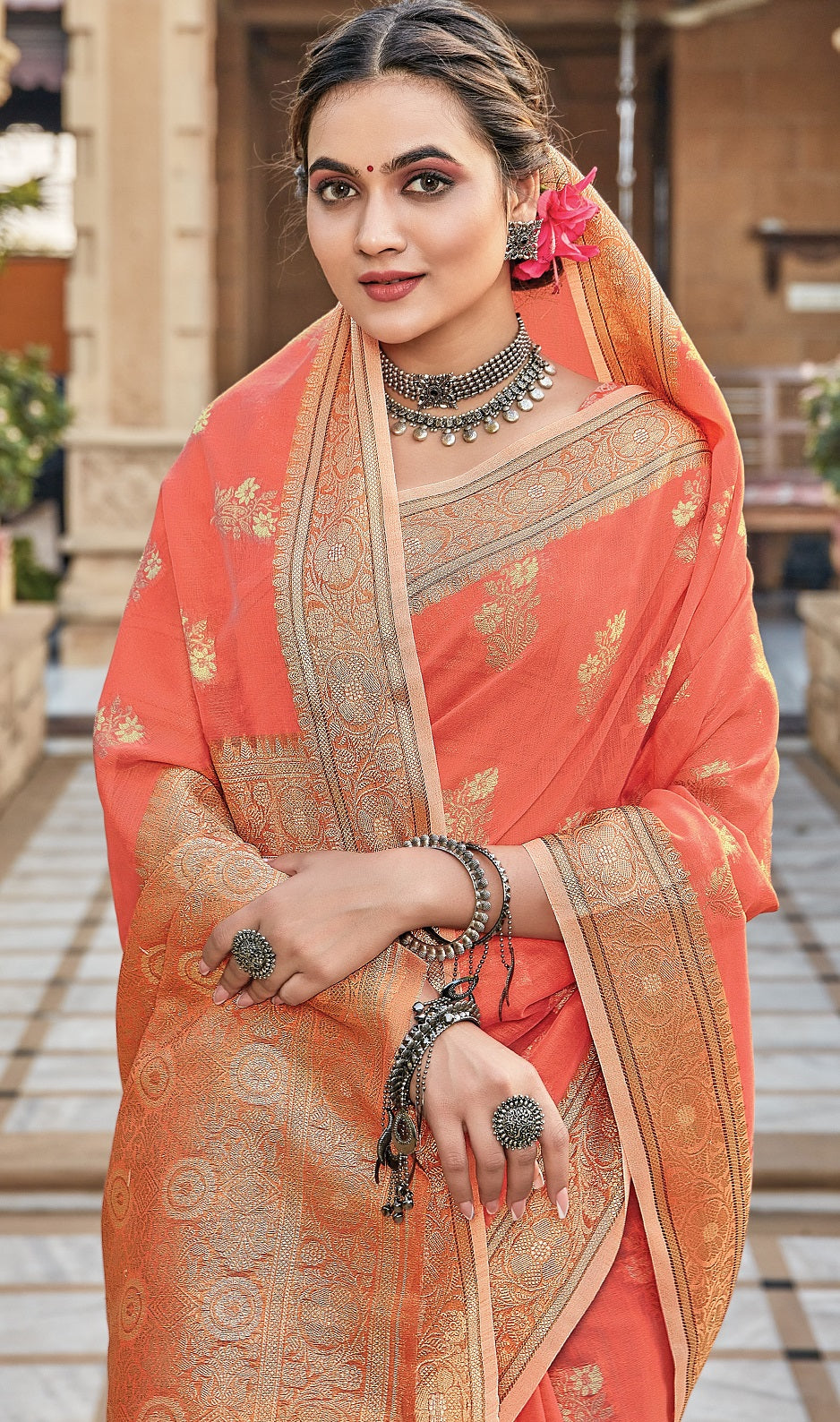 Sindhuri Orange Zari Woven Linen Silk Saree