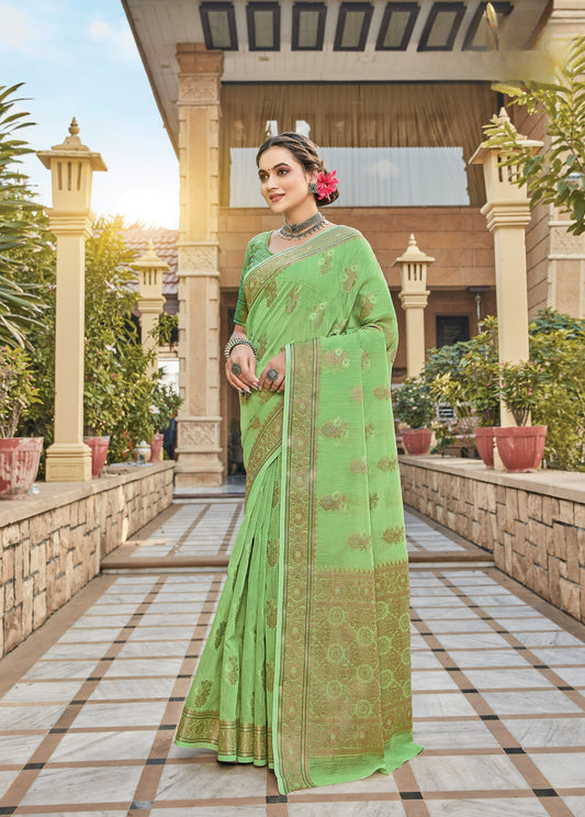 Kansas Green Zari Woven Linen Silk Saree