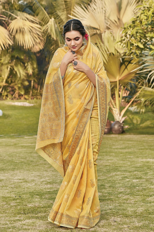 Macaroon Yellow Zari Woven Linen Silk Saree