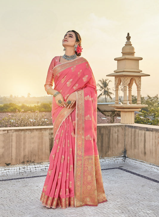 Flamingo Pink Zari Woven Linen Silk Saree