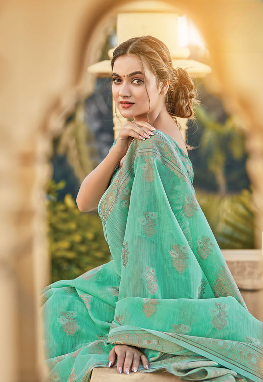 Seafoam Green Zari Woven Linen Silk Saree