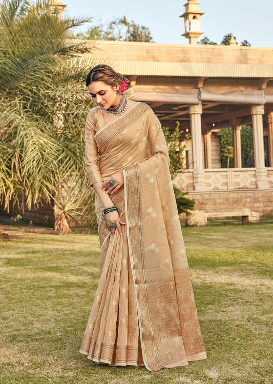 Tortilla Brown Zari Woven Linen Silk Saree