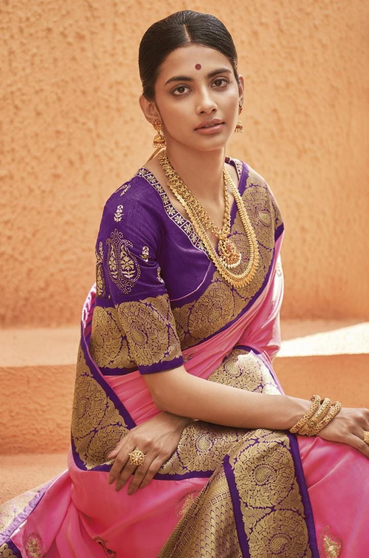 Rose Pink Banarasi Silk Saree With Designer Blouse