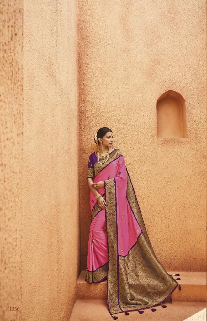 Rose Pink Banarasi Silk Saree With Designer Blouse