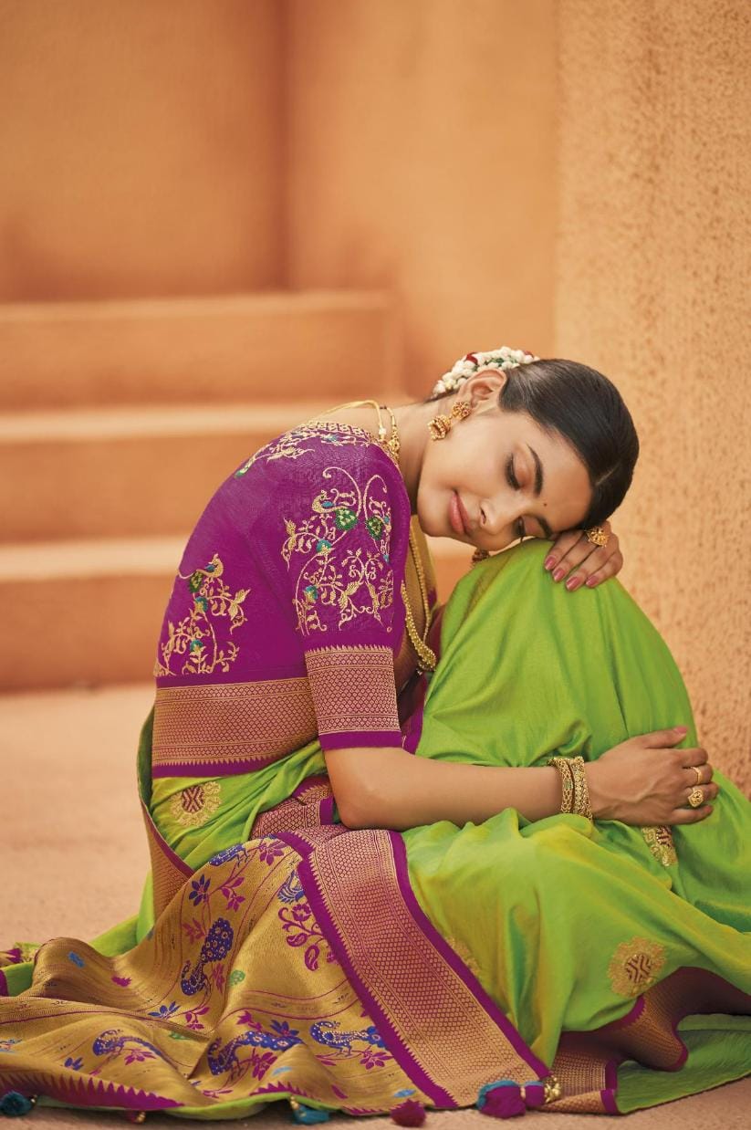 Bright Green Paithani Silk Saree With Designer Blouse