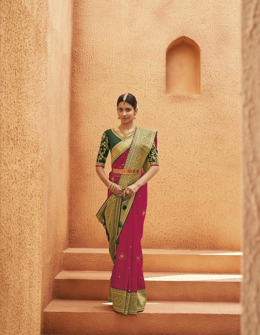 Rani Pink Banarasi Silk Saree With Designer Blouse