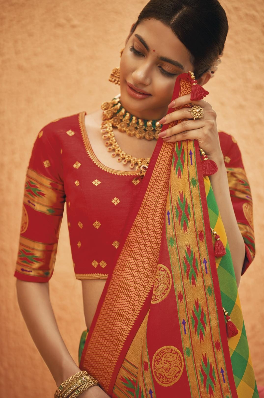 Yellow & Green Striped Paithani Silk Saree With Designer Blouse