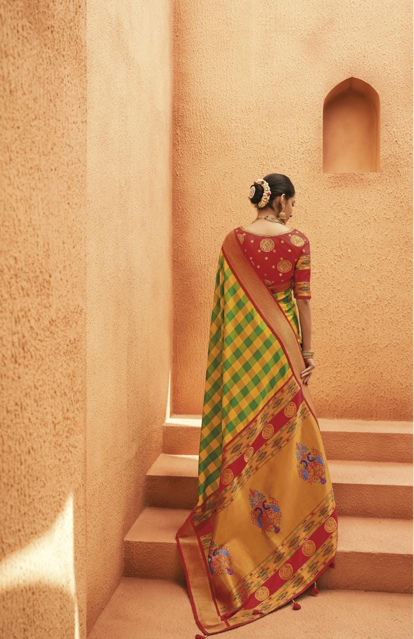 Yellow & Green Striped Paithani Silk Saree With Designer Blouse