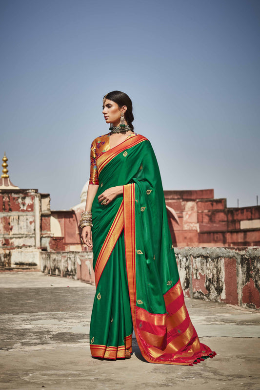 Lush Green Paithani Saree With Designer Blouse