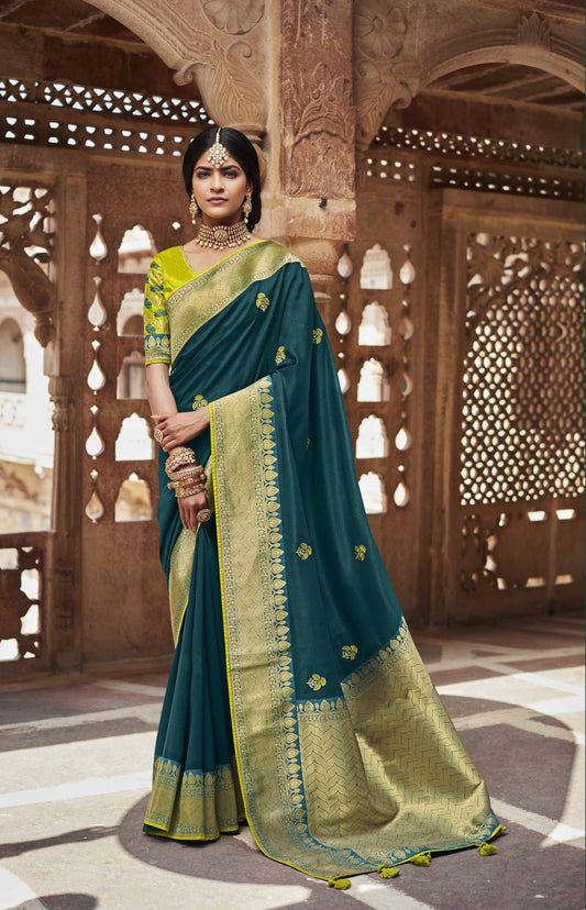 Seaweed Green Silk Saree With Designer Blouse