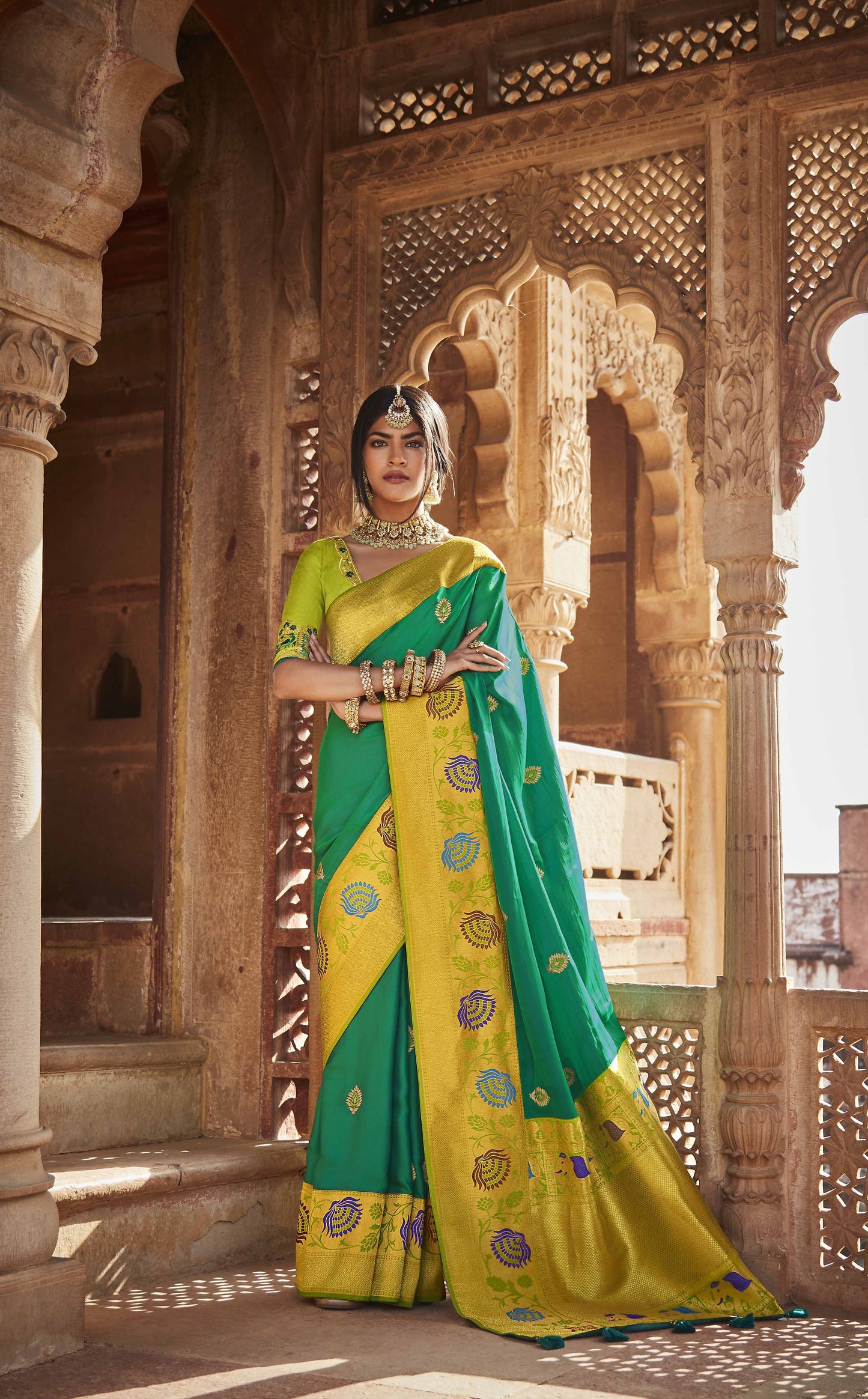 Shamrock Green Paithani Saree With Designer Blouse