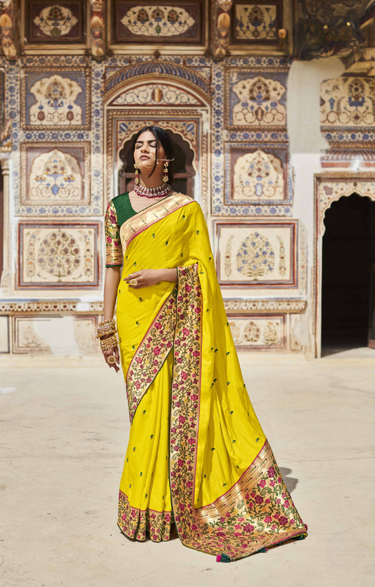 Cadmium Yellow Banarasi Patithani Saree With Designer Blouse