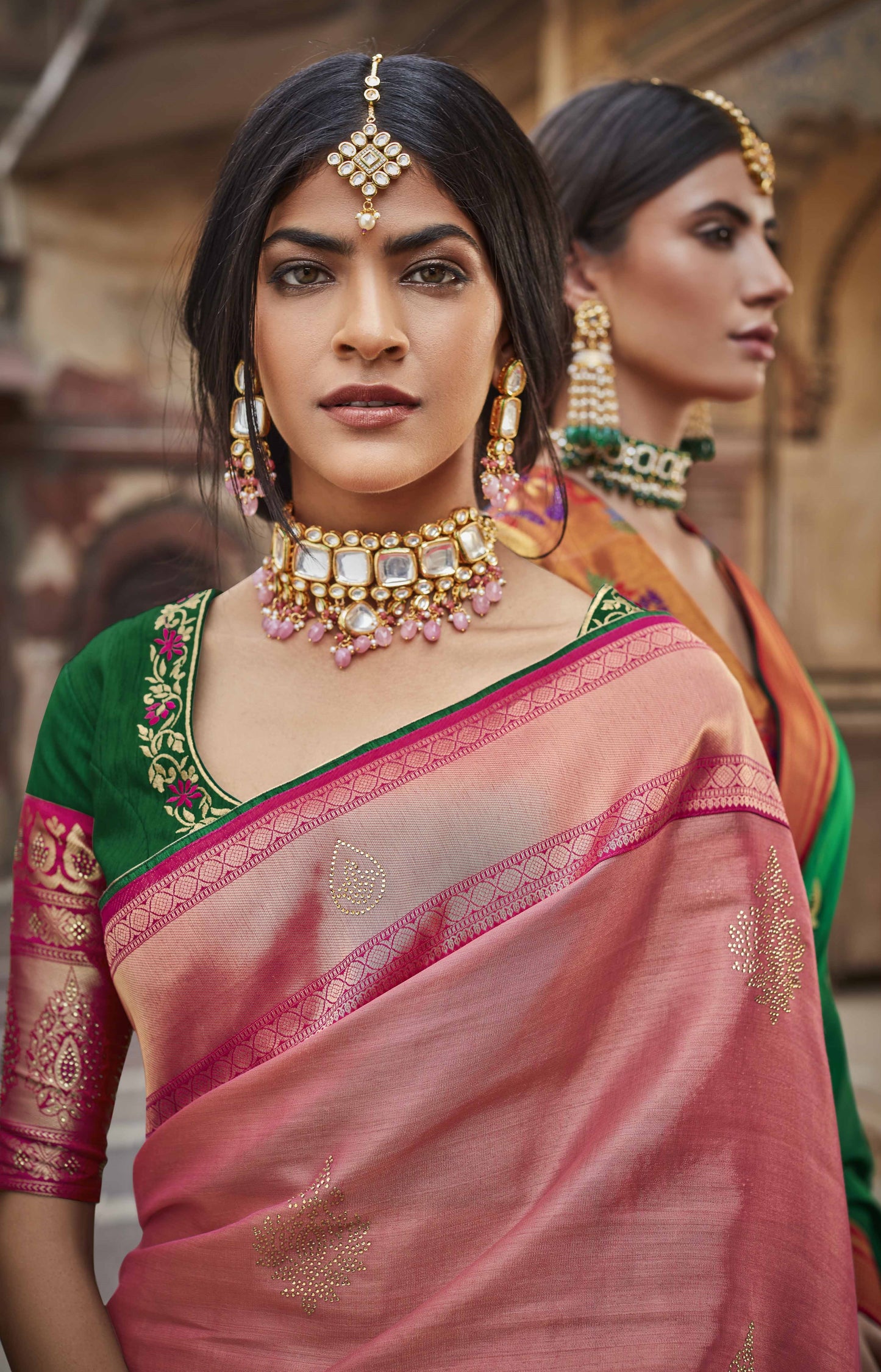 Golden Peach Silk Saree With Embroidered Designer Blouse