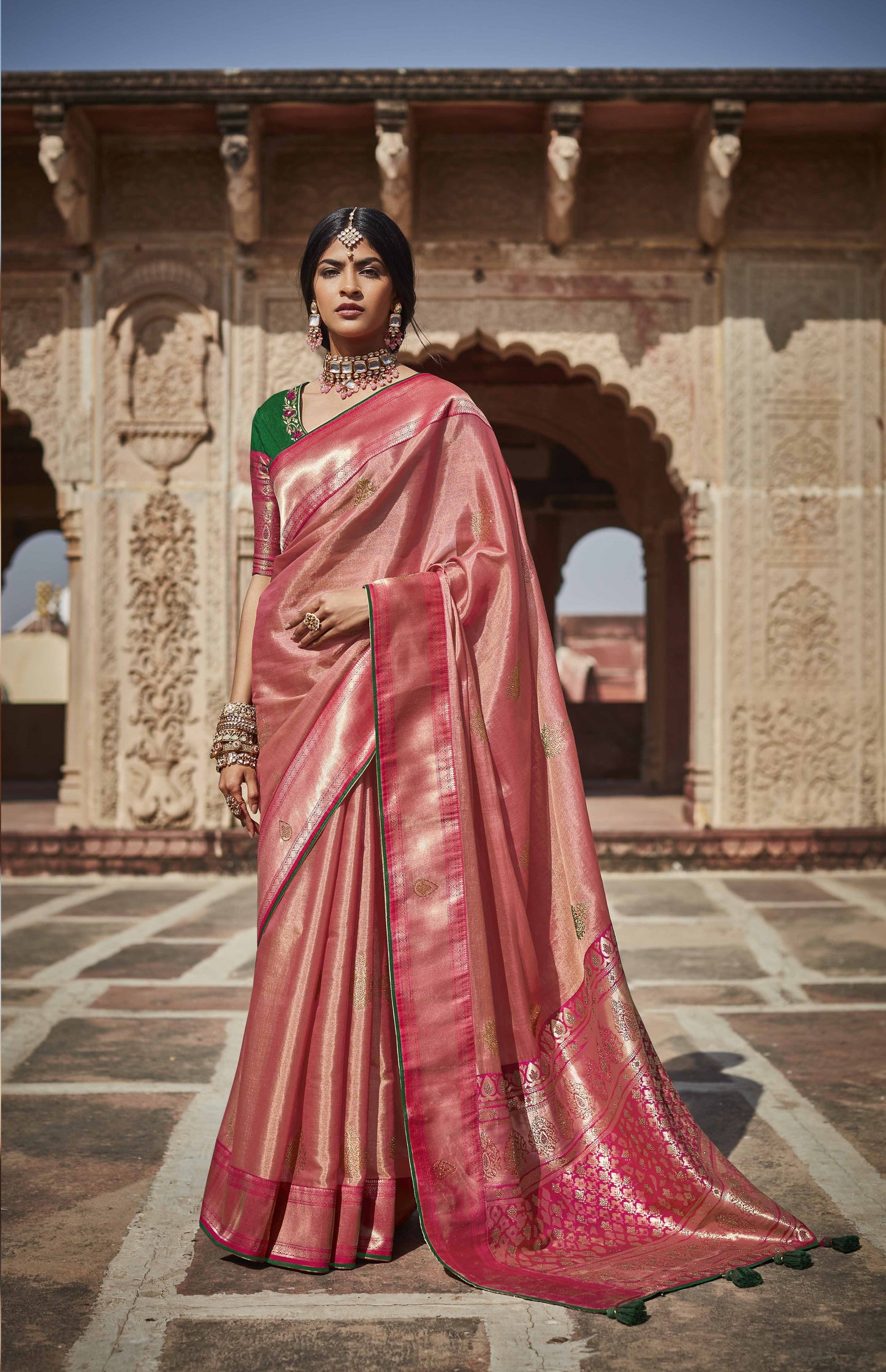 Golden Peach Silk Saree With Embroidered Designer Blouse