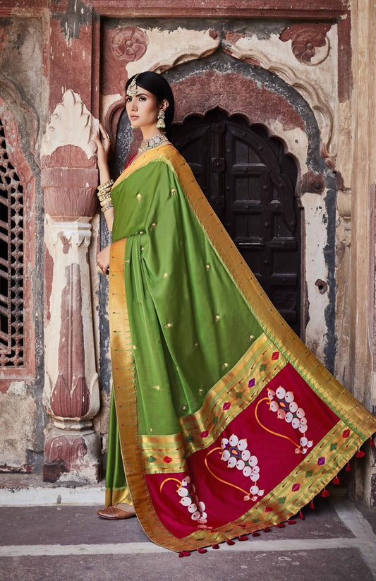 Parrot Green Paithani Saree With Designer Blouse