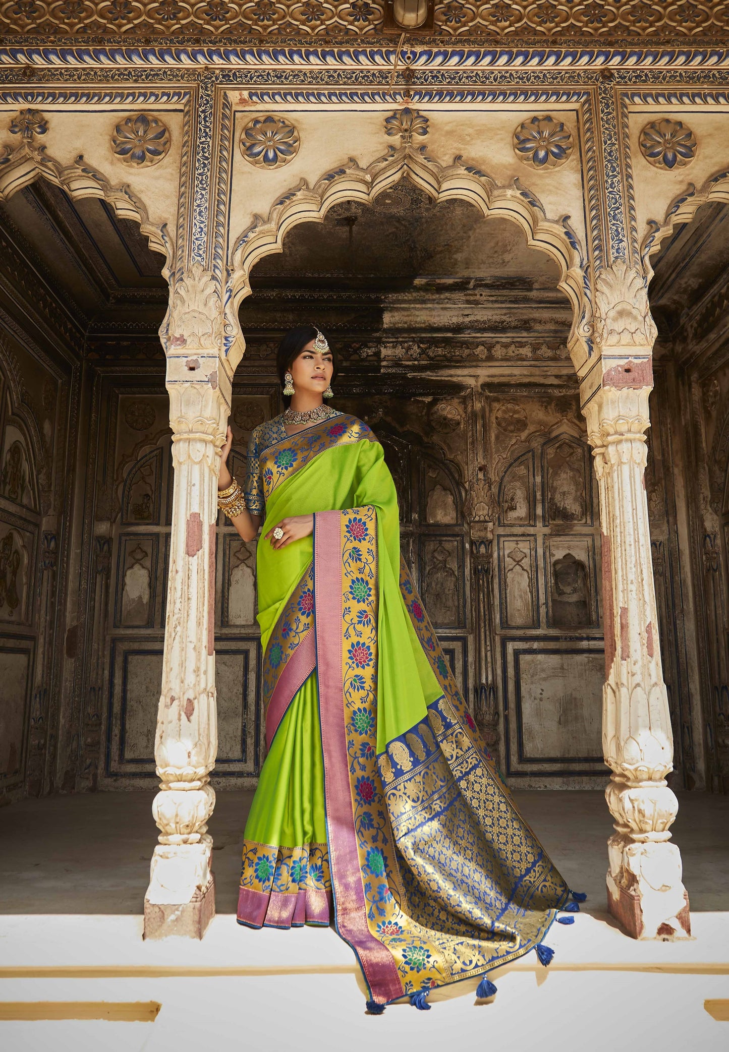 Chartreuse Green Silk Saree With Designer Blouse