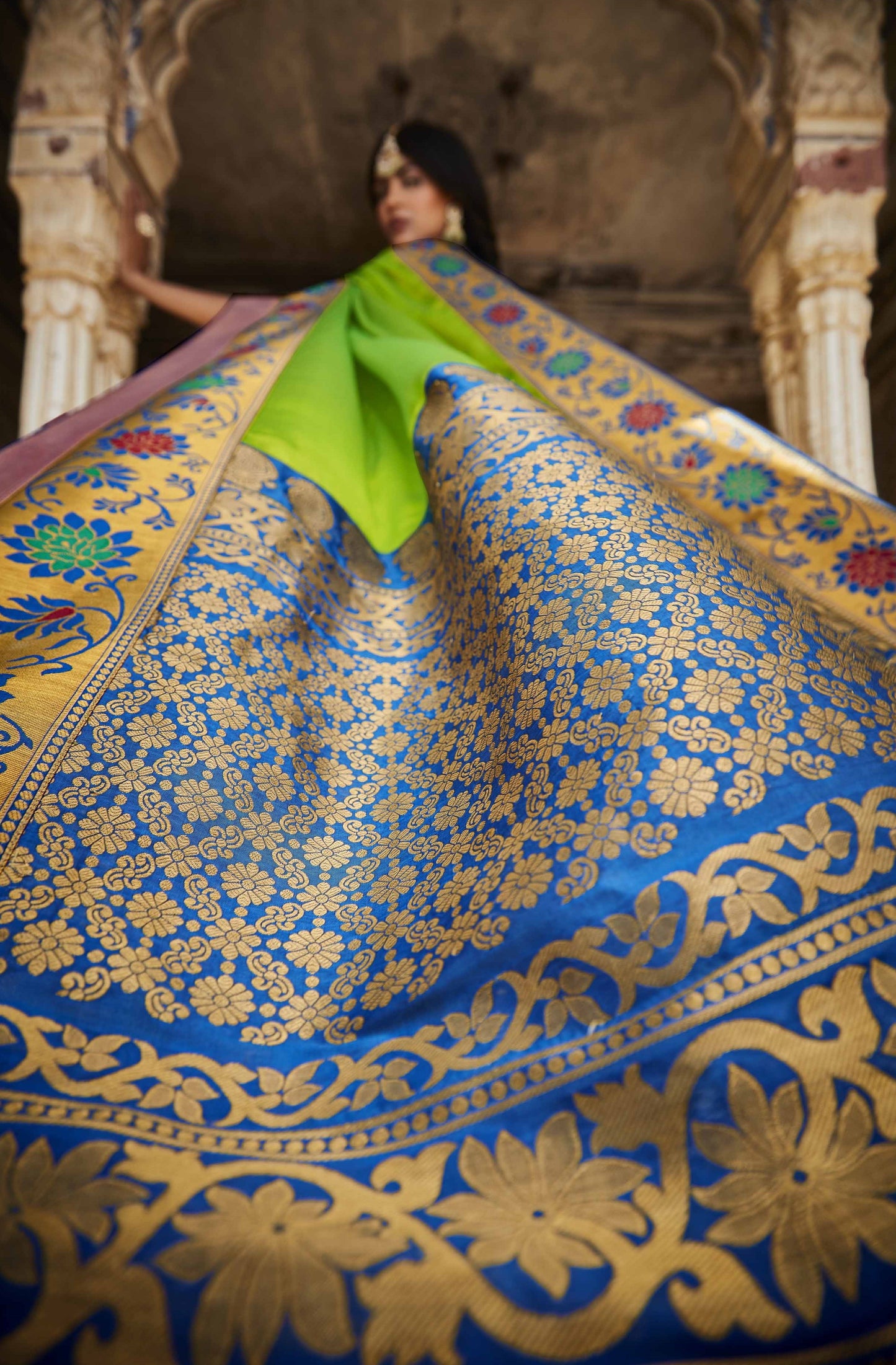 Chartreuse Green Silk Saree With Designer Blouse