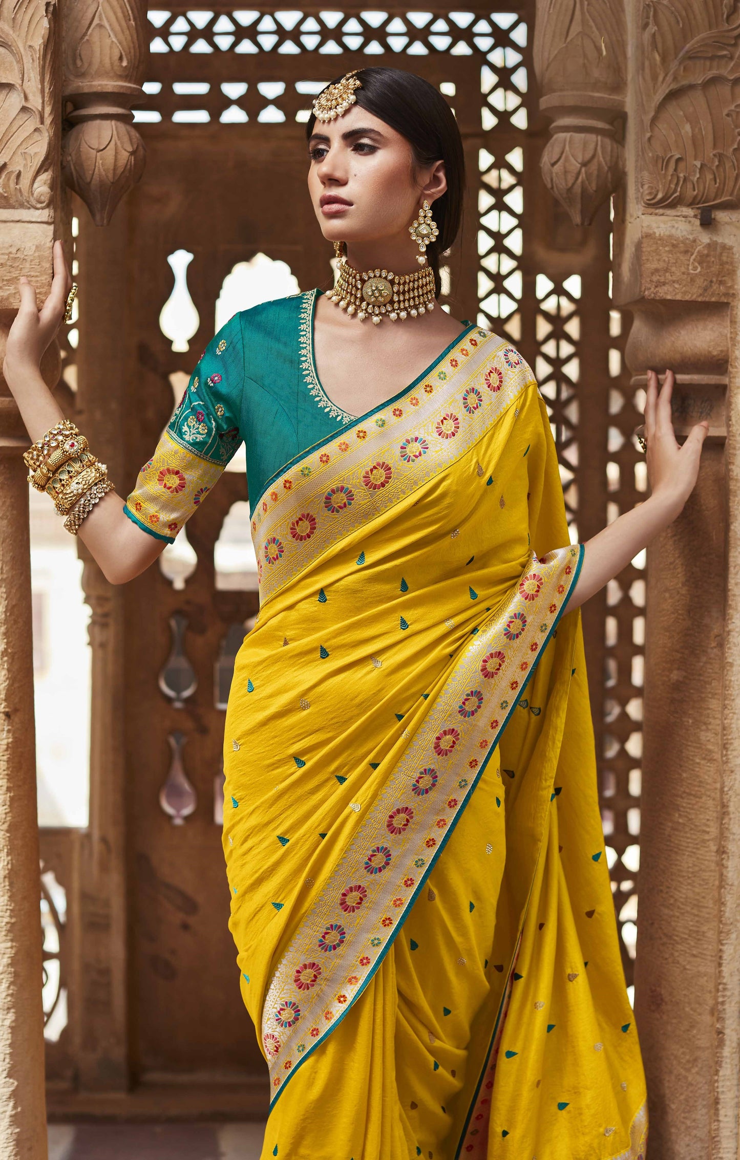 Bright Yellow Silk Saree With Designer Blouse